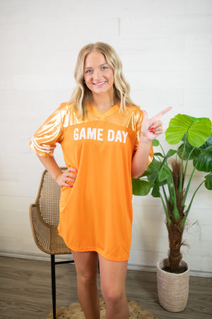 Metallic Gameday Football Dress-Orange & White