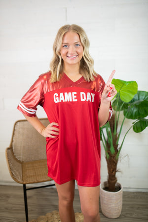 Metallic Gameday Football Dress-Red & White