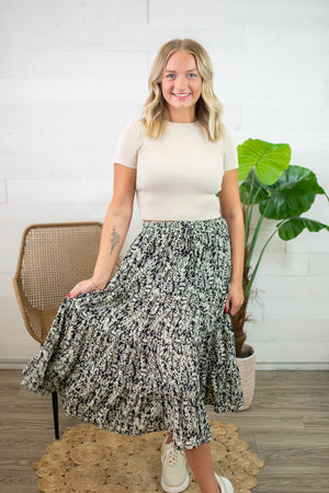 Tiered Black & Taupe Long Midi Skirt