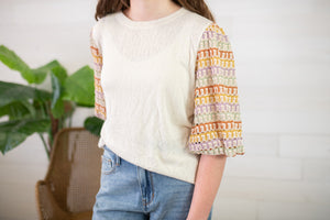 Taupe Top with Crochet Multi Colored Sleeve