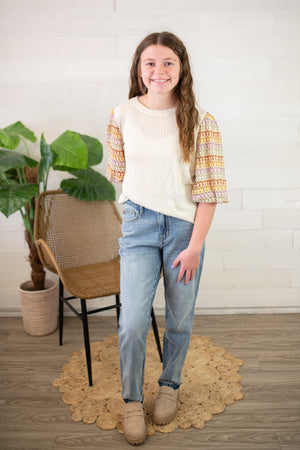 Taupe Top with Crochet Multi Colored Sleeve