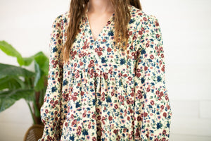 Floral Print V-Neck Long Sleeve Dress-Oatmeal