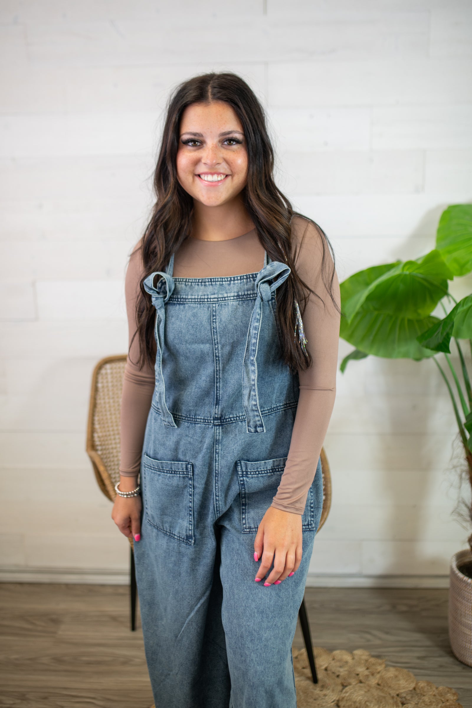 Wide Leg Stone Wash Denim Overalls