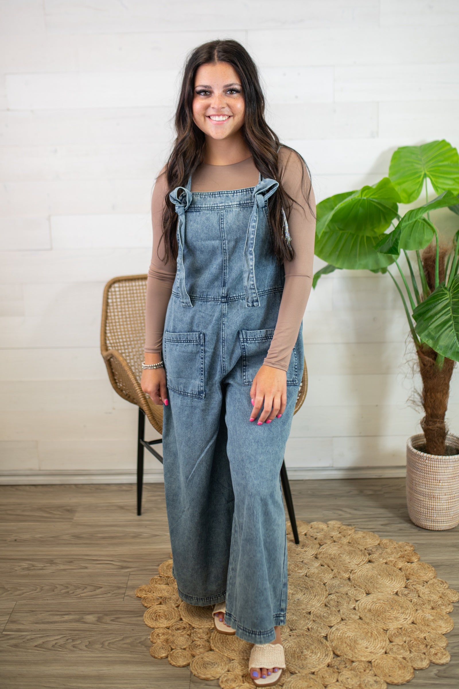 Wide Leg Stone Wash Denim Overalls