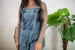 Wide Leg Stone Wash Denim Overalls