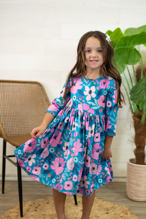 3/4 Sleeve Twirl Dress-Twirling In Teal