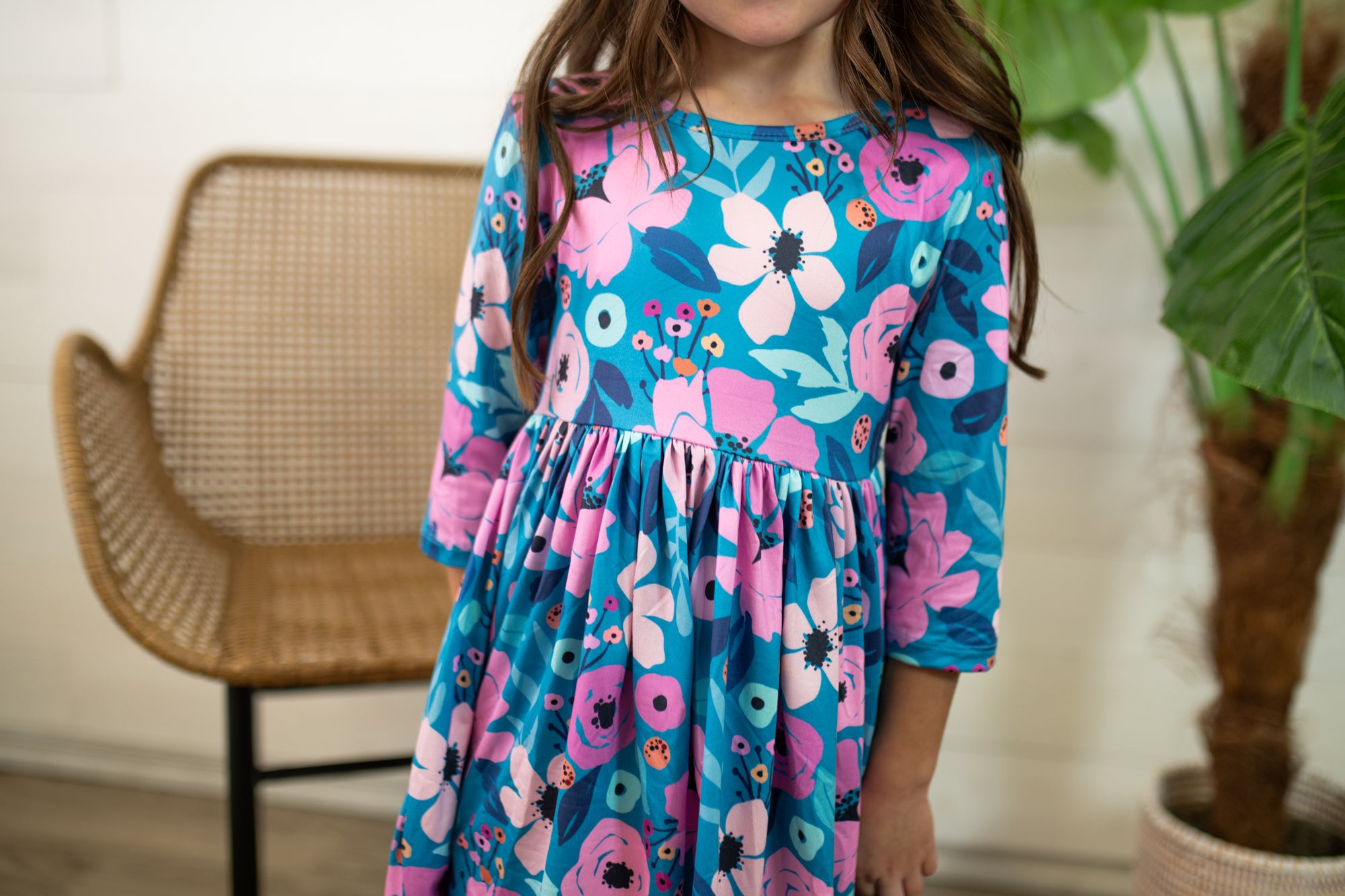 3/4 Sleeve Twirl Dress-Twirling In Teal