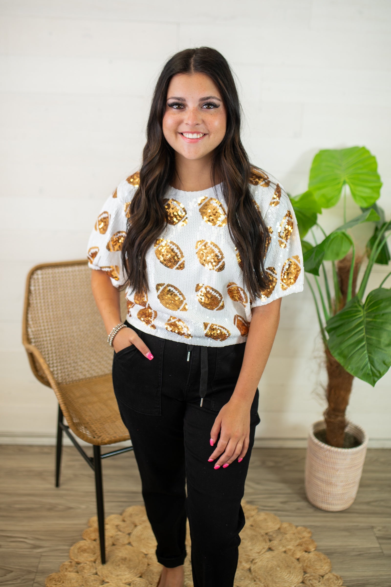 Gameday Football Sequin Top-Gold & White