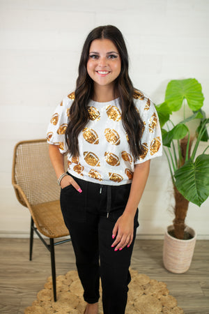 Gameday Football Sequin Top-Gold & White