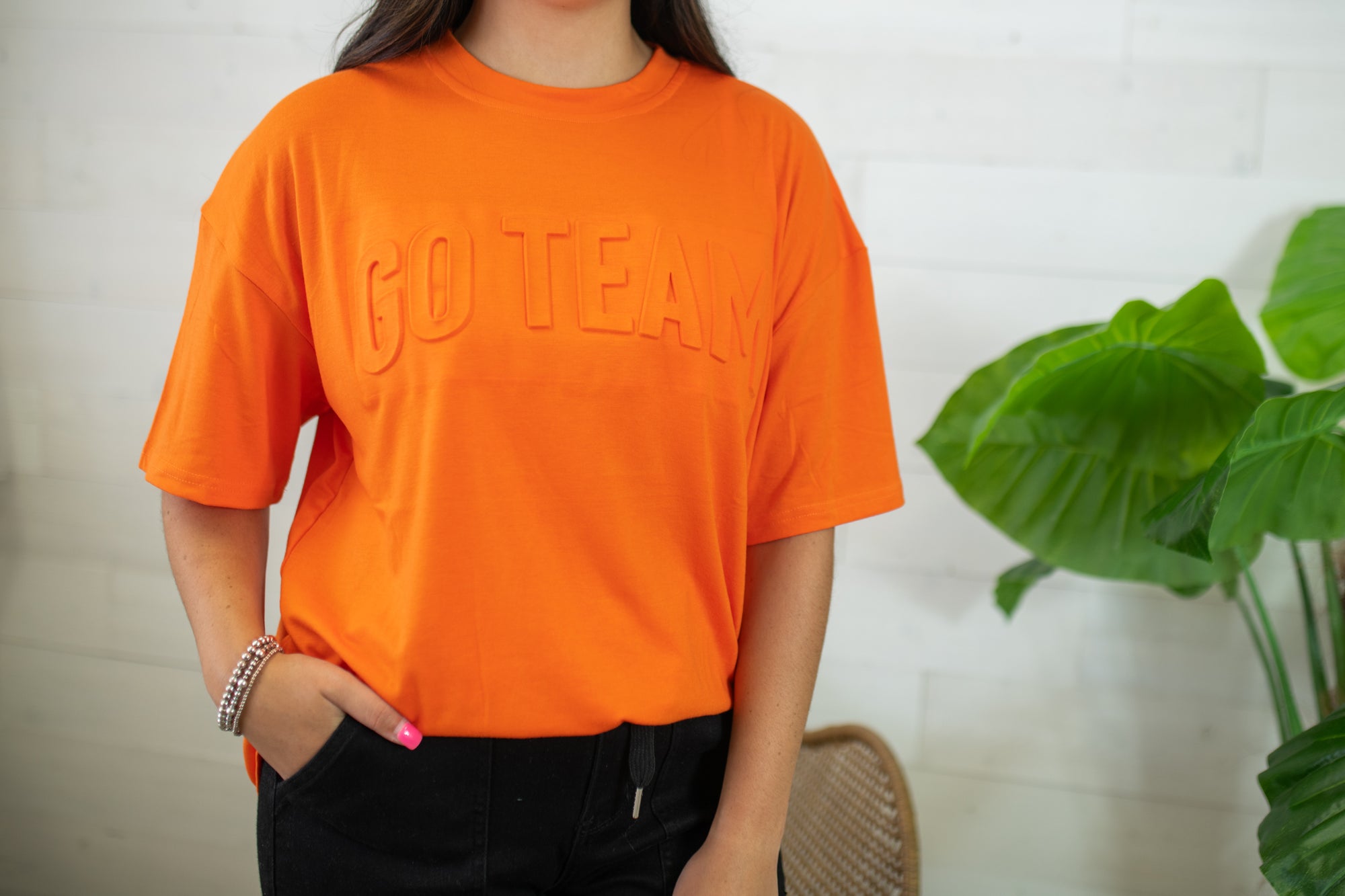 Embossed Go Team Top-Orange