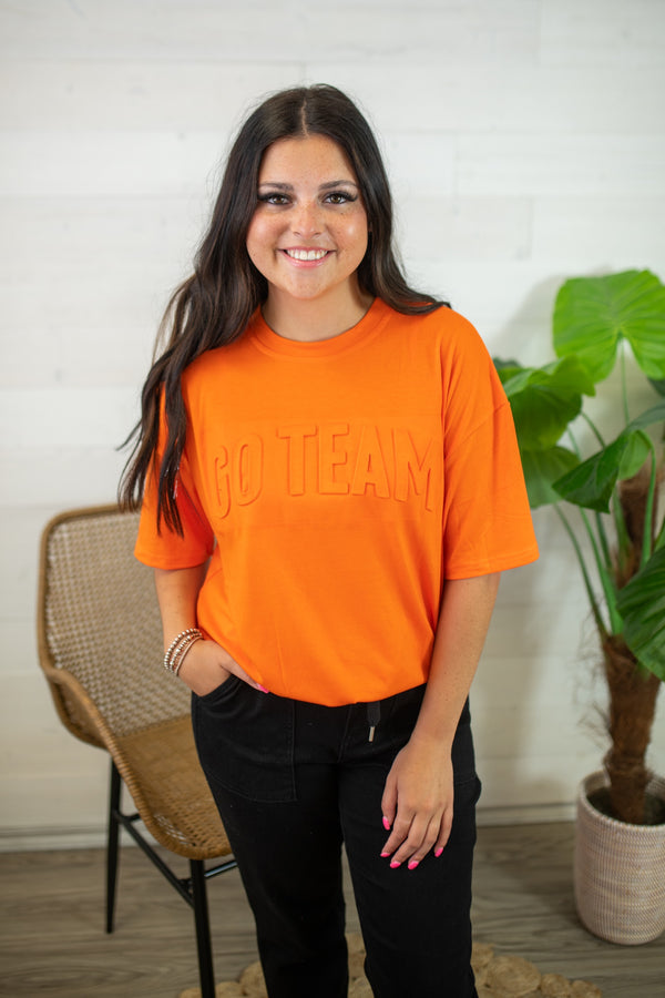 Embossed Go Team Top-Orange - The Burlap Buffalo