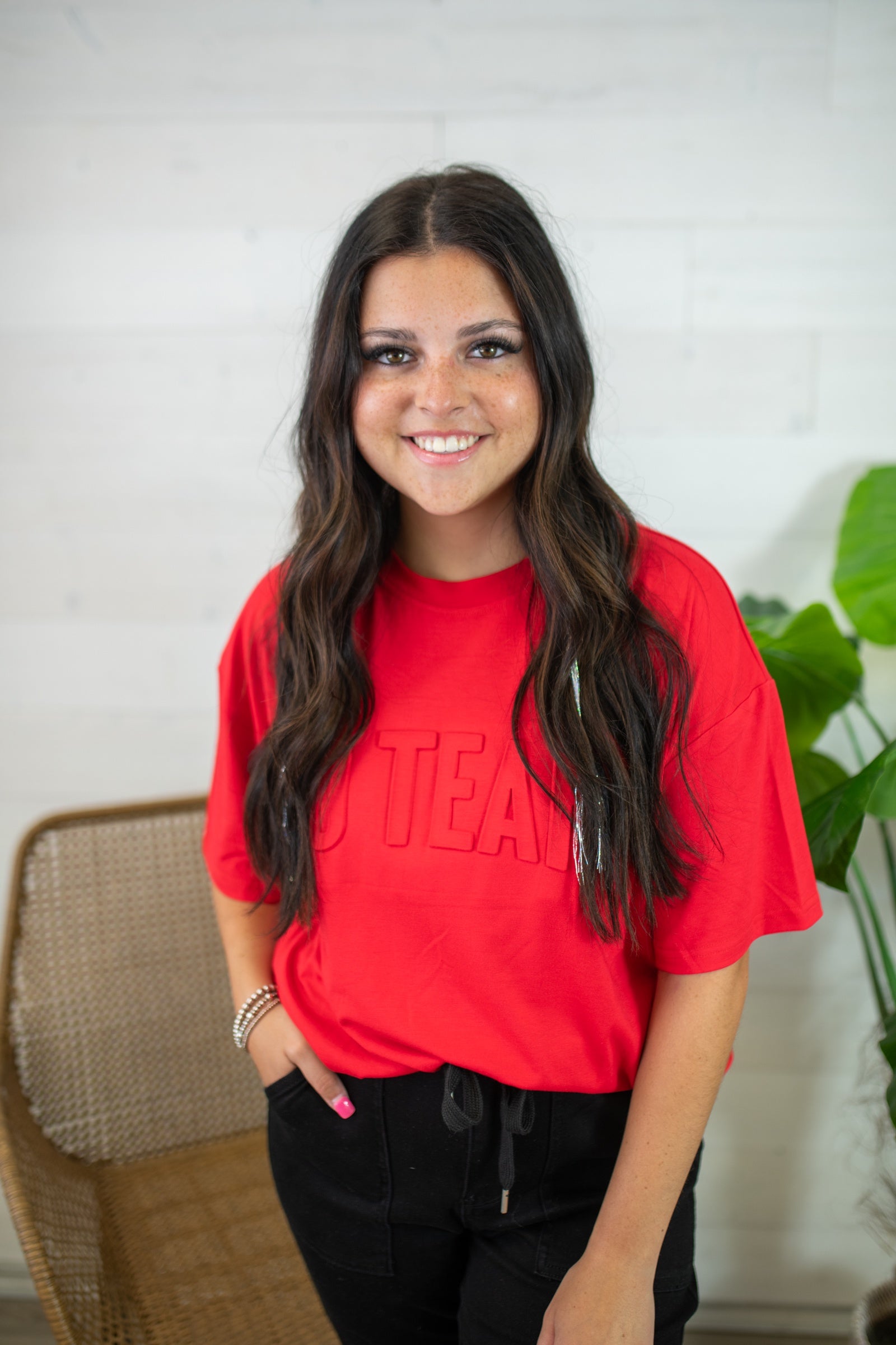 Embossed Go Team Top-Red