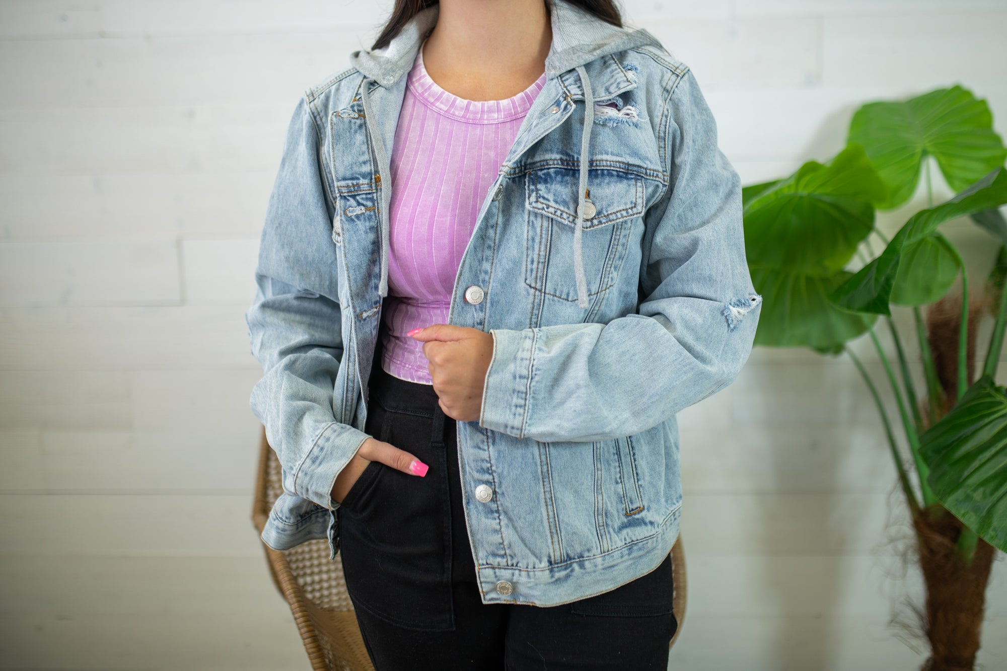 Relaxed Vintage Jacket with Hoodie-Light Denim