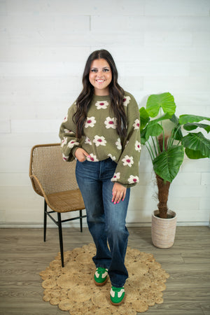 Olive Sweater with White Flowers