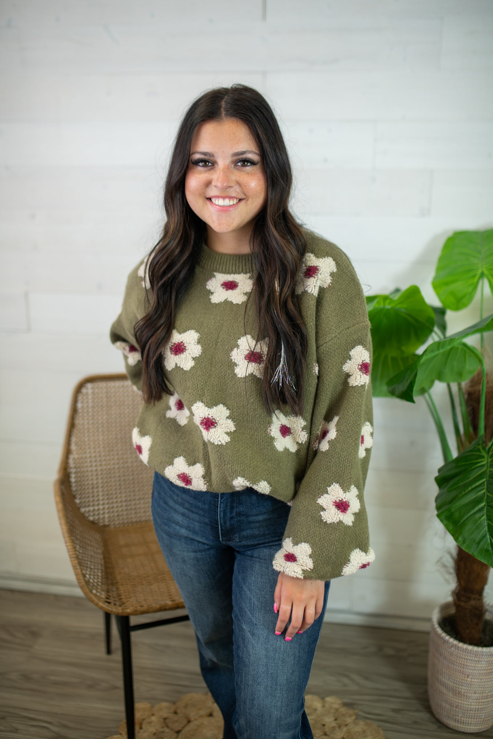 Olive Sweater with White Flowers