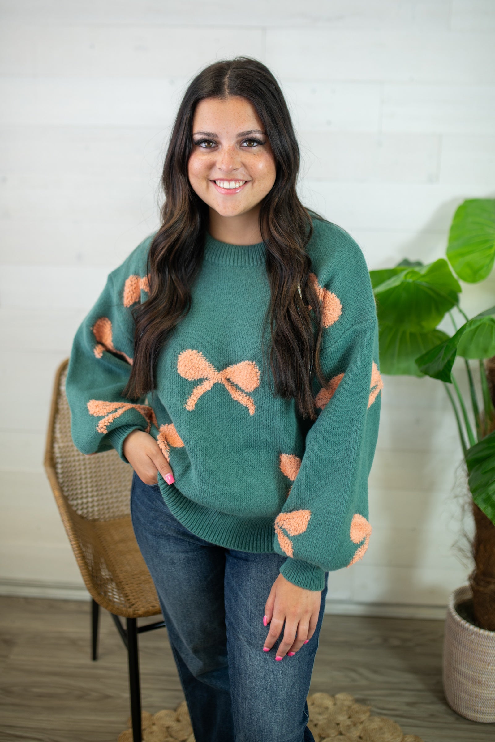 Teal & Coral Balloon Sleeve Bow Sweater