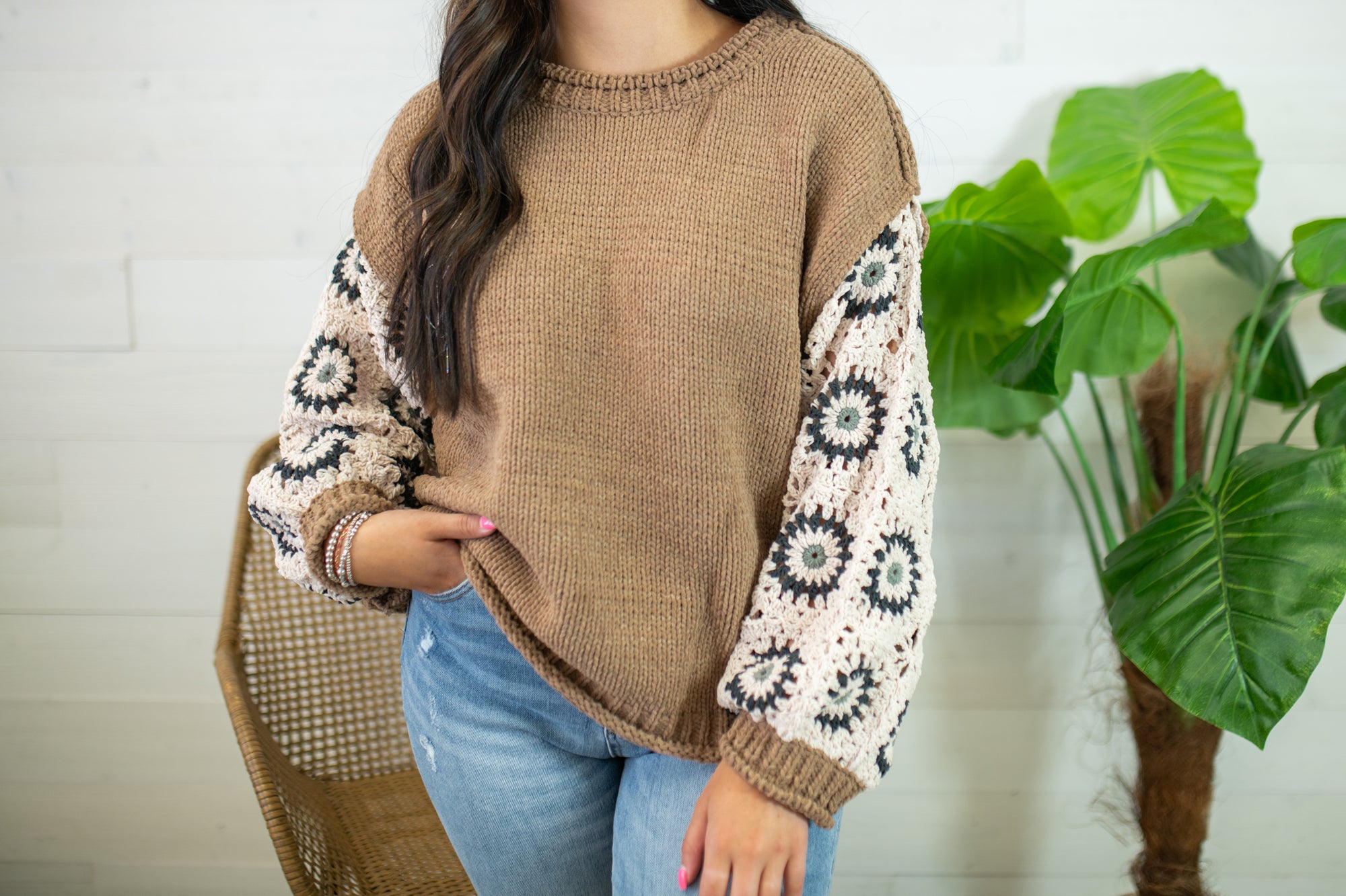 Crochet Sleeve Choco Almond Sweater