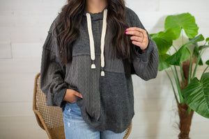 Hoodie Balloon Sleeve Relaxed Fit Knit Top-Charcoal