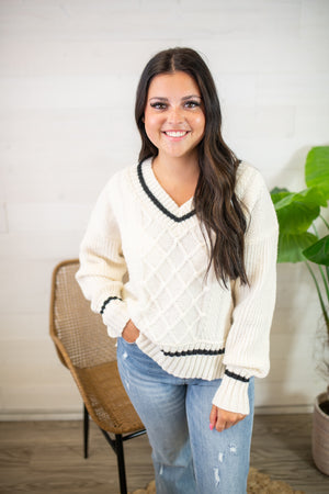 V-Neck Cableknit Preppy Sweater-Ivory