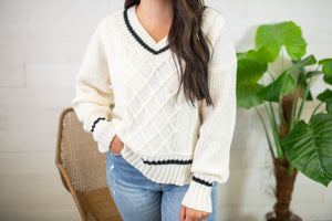 V-Neck Cableknit Preppy Sweater-Ivory