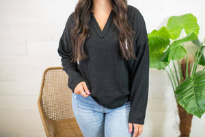 Solid Notch Neck Knit Top-Black