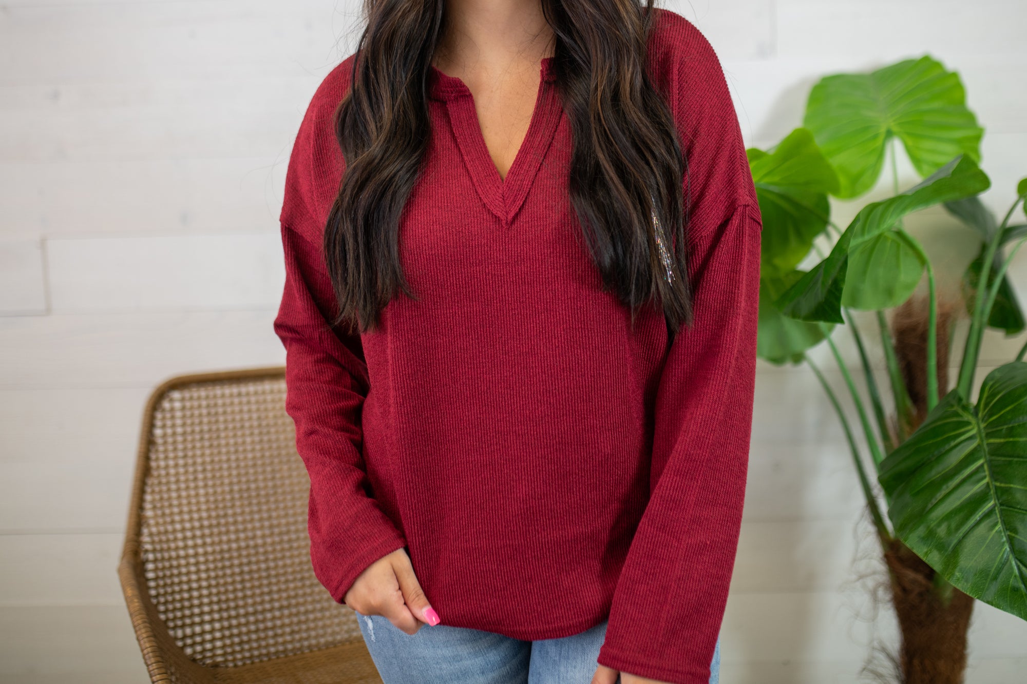 Solid Notch Neck Knit Top-Burgundy