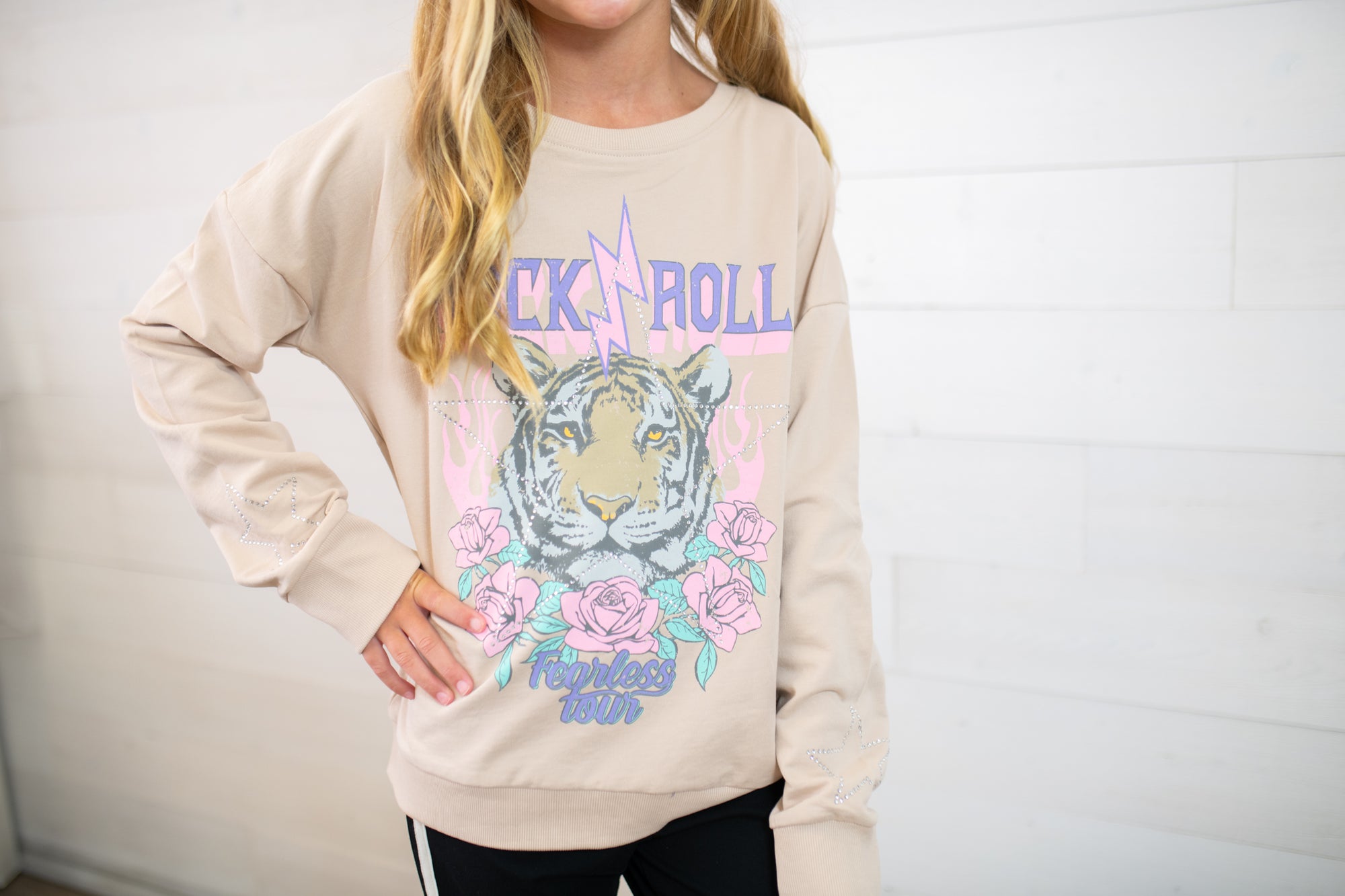 Rock and Roll Tiger Rhinestone Graphic Sweatshirt