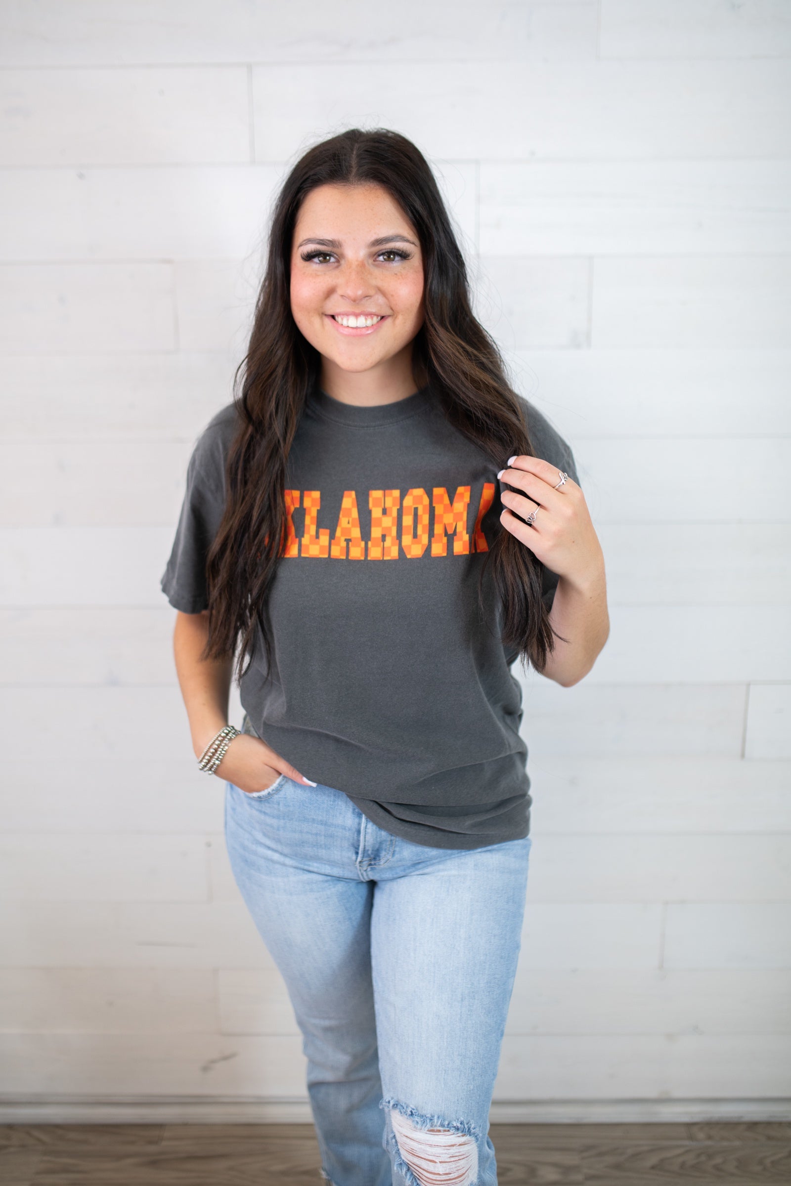 Oklahoma State Checkered Tee-Grey