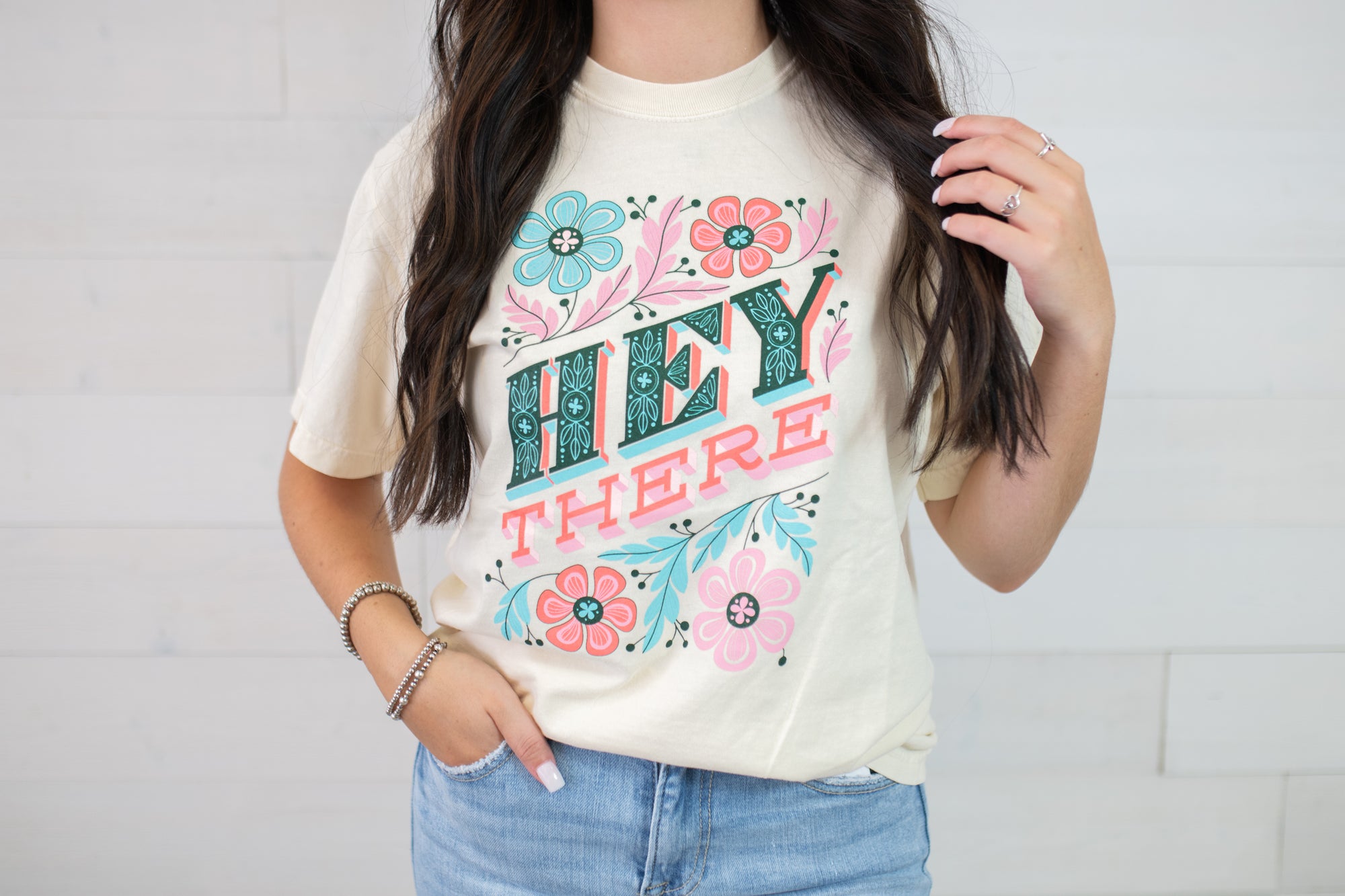 Hey There Floral Graphic Tee-Ivory