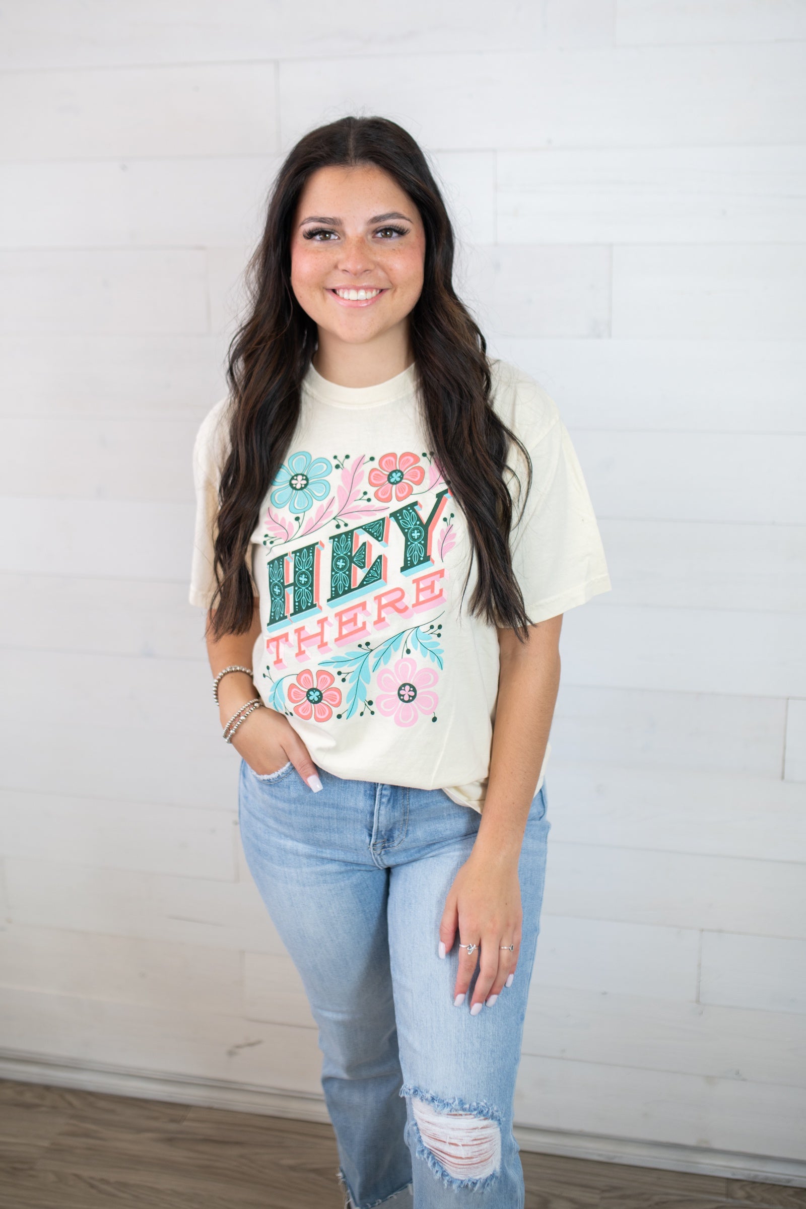 Hey There Floral Graphic Tee-Ivory