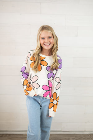 All Over Large Retro Flower Print Crop Sweatshirt