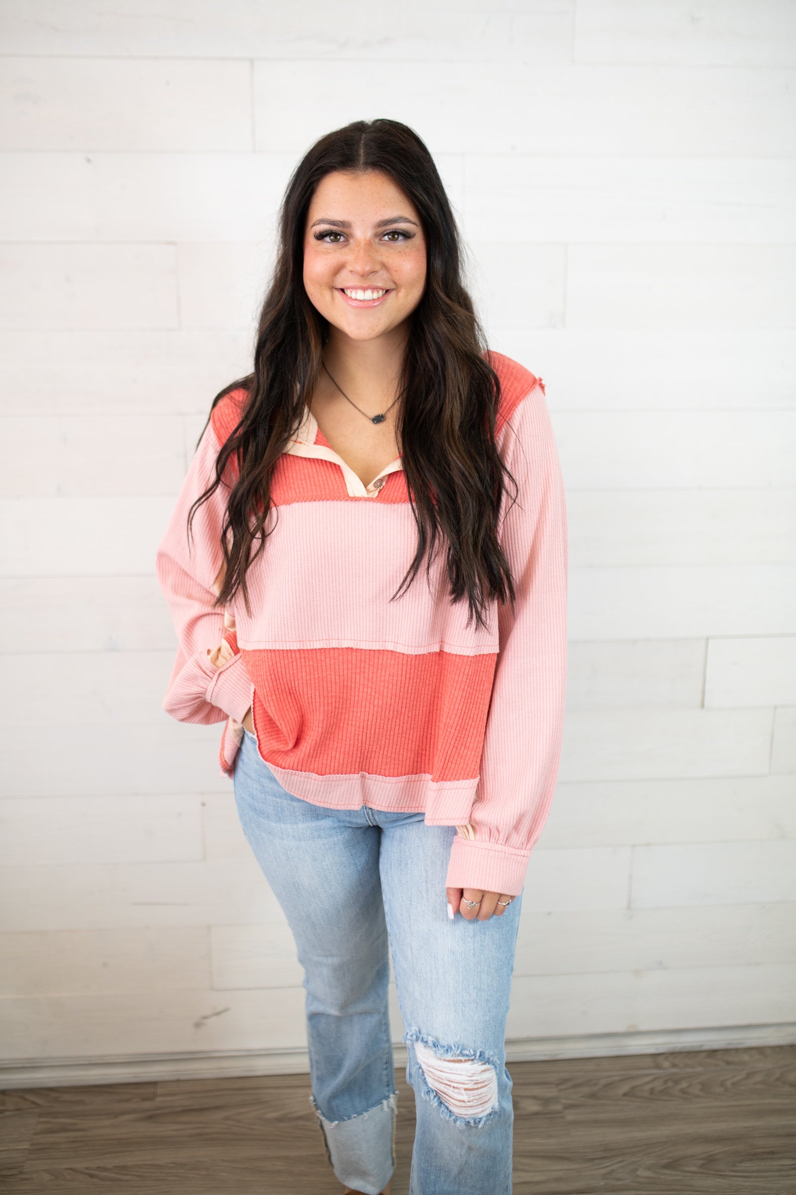 POL V-Neck Peach Blush Sweater