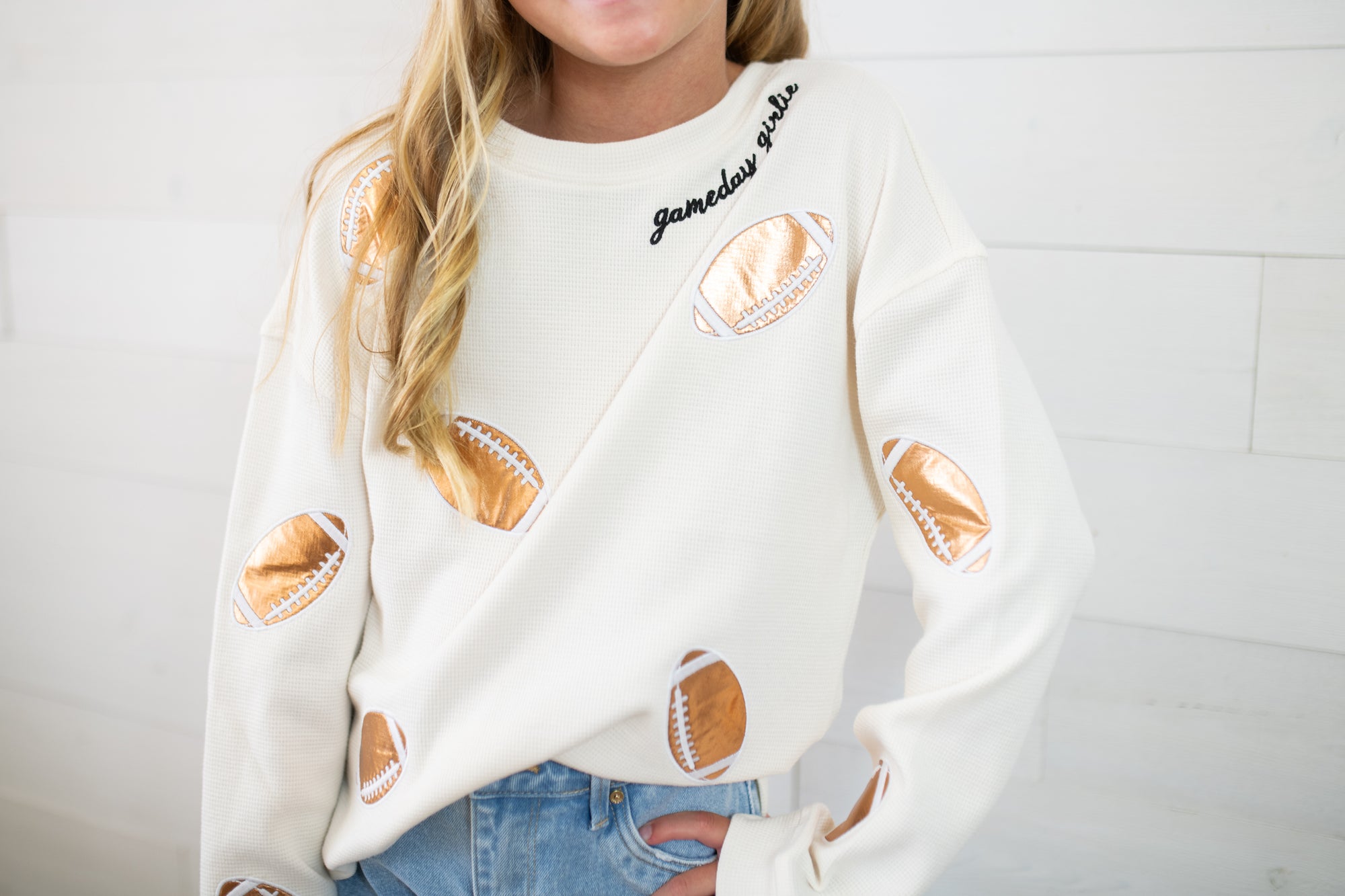 Game Day all over applique Football Waffle Long Sleeve