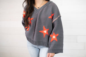 POL V-Neck Charcoal Star Sweater