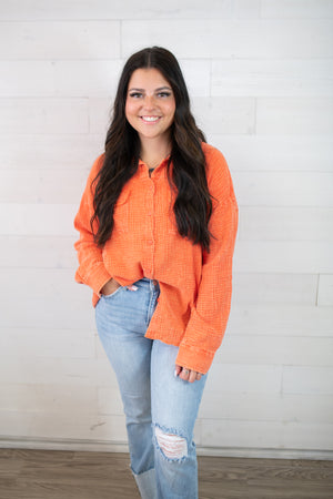 Merigold Kiss LS Quinn Double Gauze Button Up Top-Orange