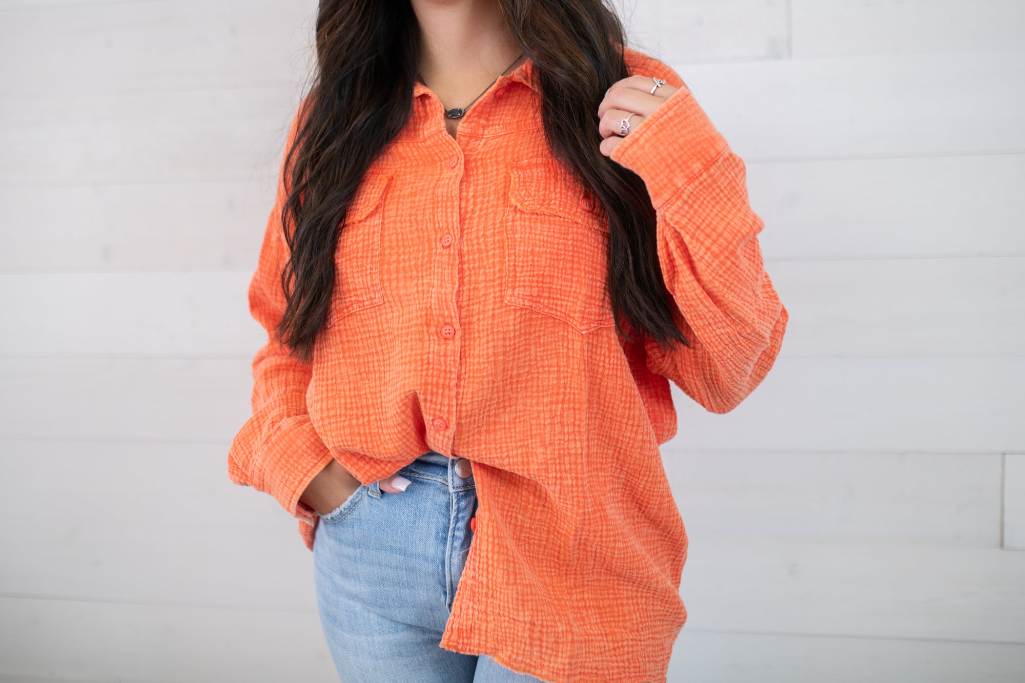 Merigold Kiss LS Quinn Double Gauze Button Up Top-Orange