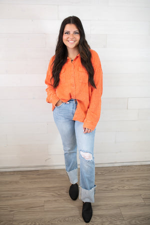 Merigold Kiss LS Quinn Double Gauze Button Up Top-Orange