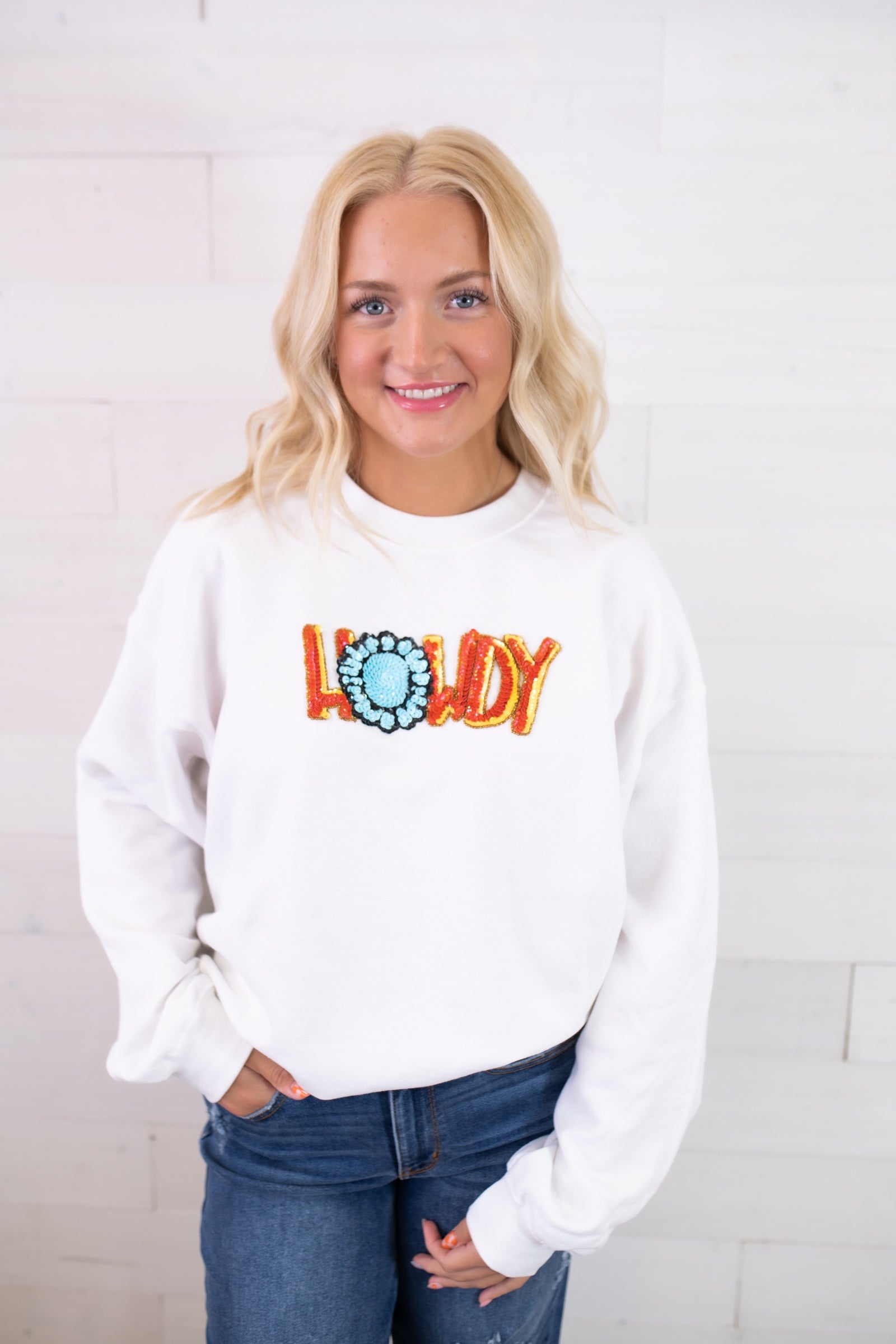 Howdy Sequin Fall Sweatshirt-White