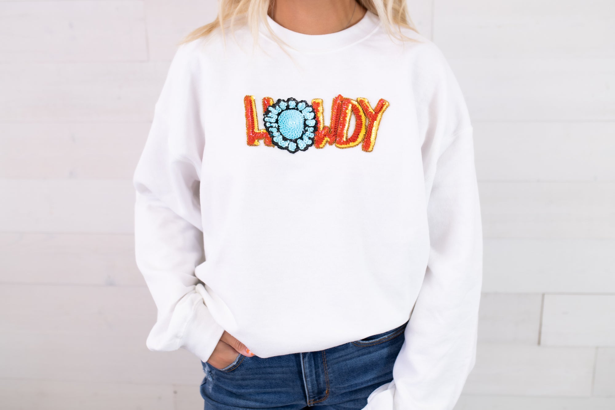 Howdy Sequin Fall Sweatshirt-White