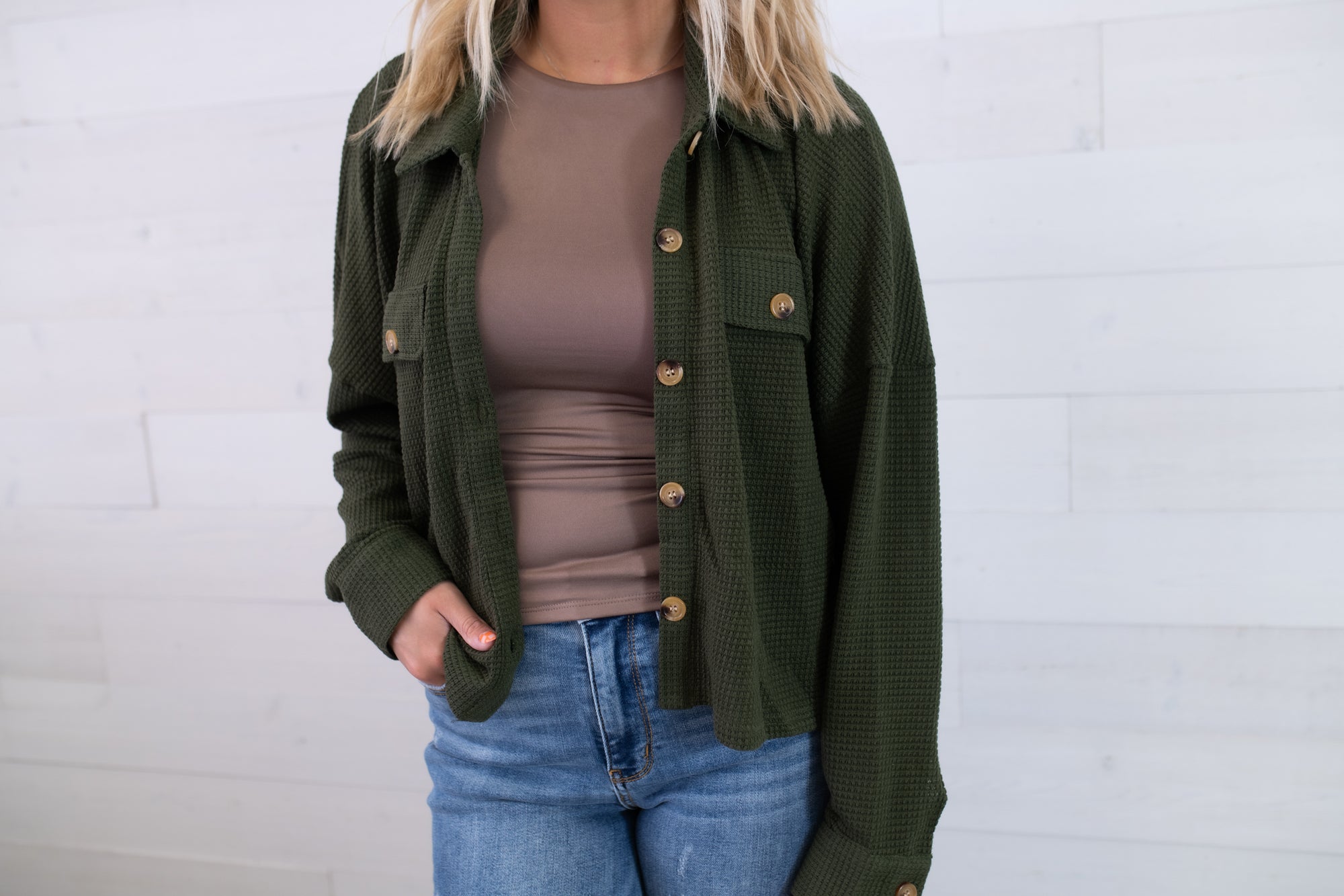 Olive LS Button Up Cropped Top