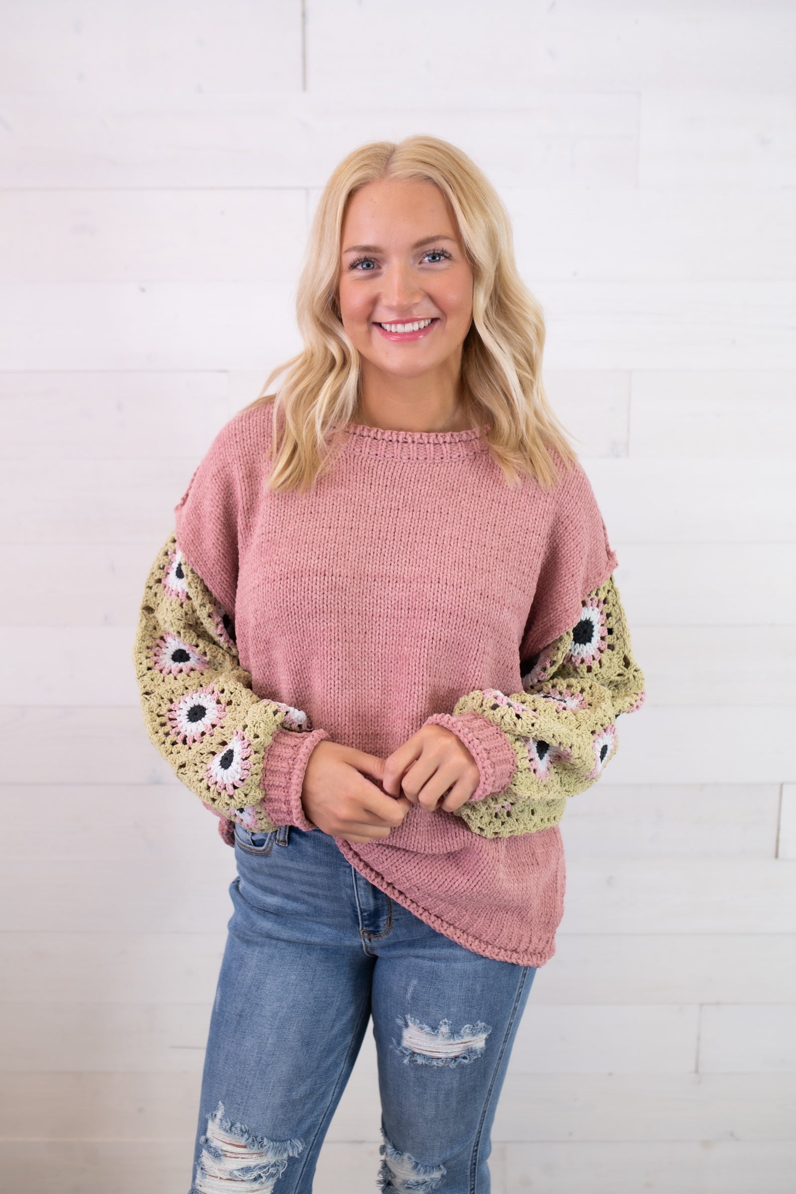 Crochet Sleeve Mauve Grass Multi Sweater