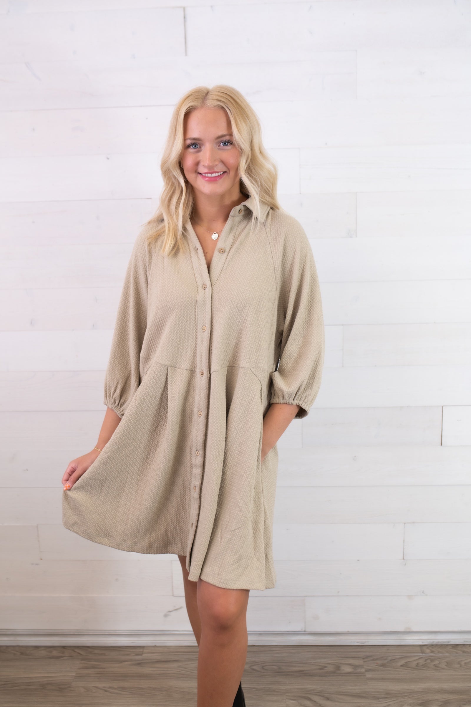 Collared Long Sleeve Button Up Dress-Latte