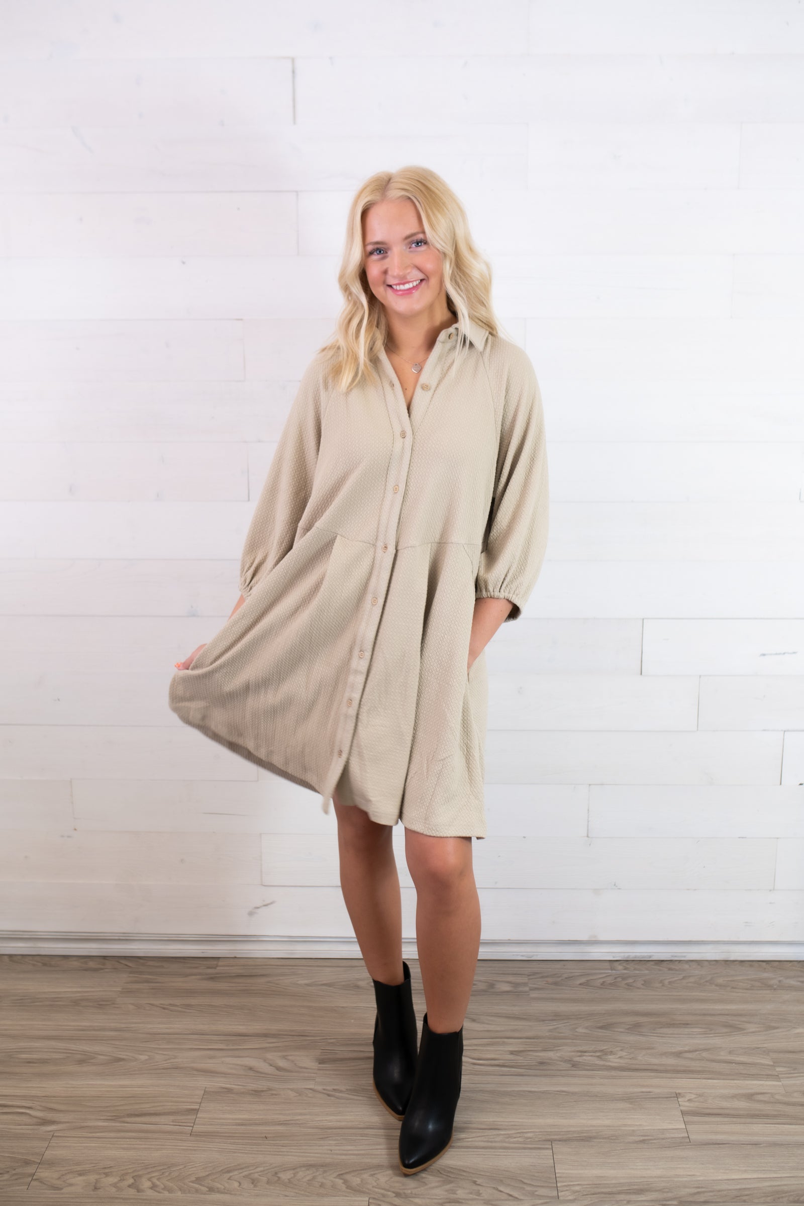 Collared Long Sleeve Button Up Dress-Latte