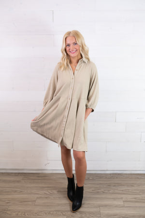 Collared Long Sleeve Button Up Dress-Latte