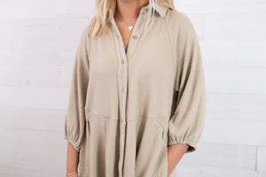 Collared Long Sleeve Button Up Dress-Latte