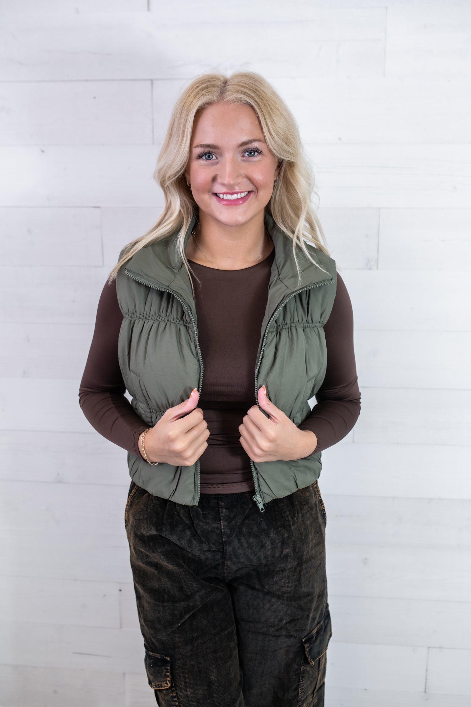 blu pepper Collared Zip Up Puffer Vest-Olive