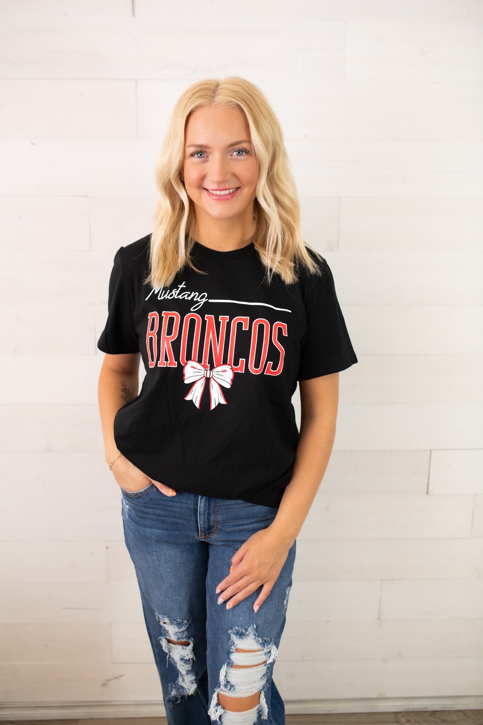 Mustang Broncos with a Bow Graphic Tee-Black