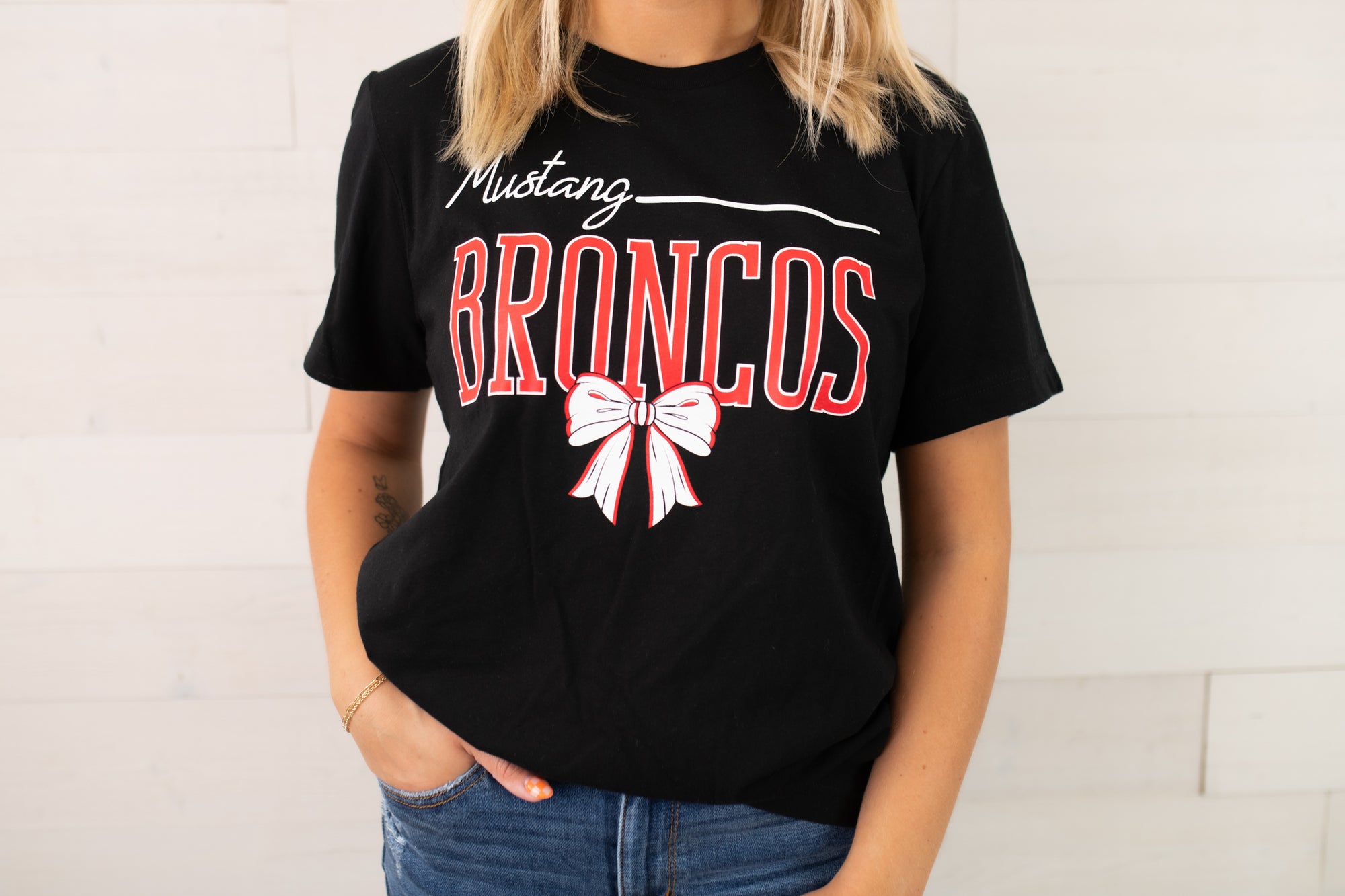 Mustang Broncos with a Bow Graphic Tee-Black