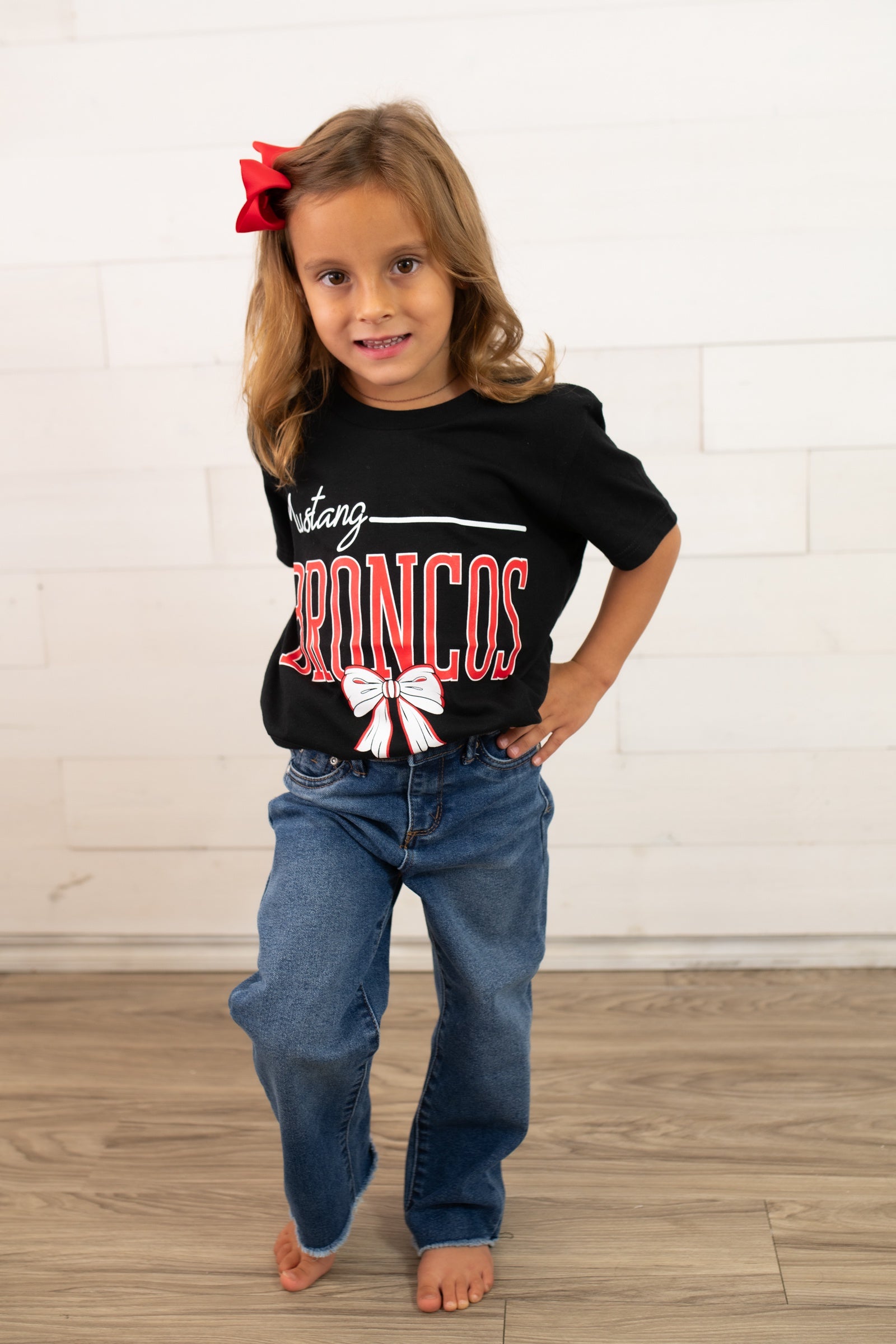 Youth Mustang Broncos with a Bow Graphic Tee-Black