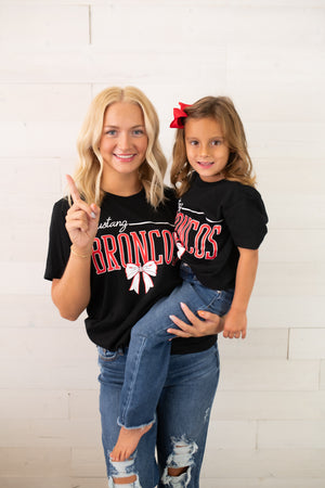 Youth Mustang Broncos with a Bow Graphic Tee-Black